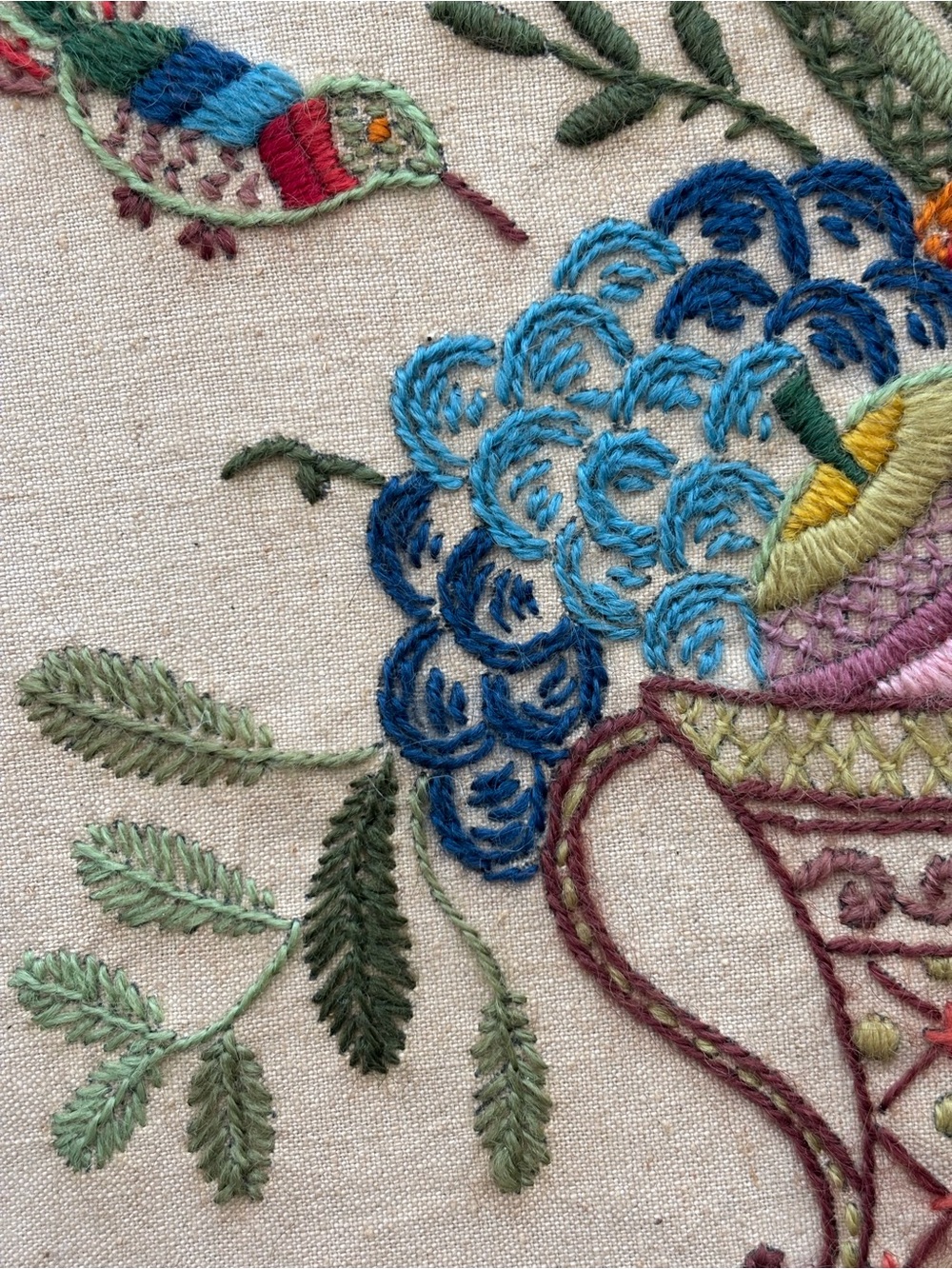 Vintage Hand-Embroidered Needlepoint Floral Fruit Basket Wall Art 14" x 14" - Picture 10 of 17
